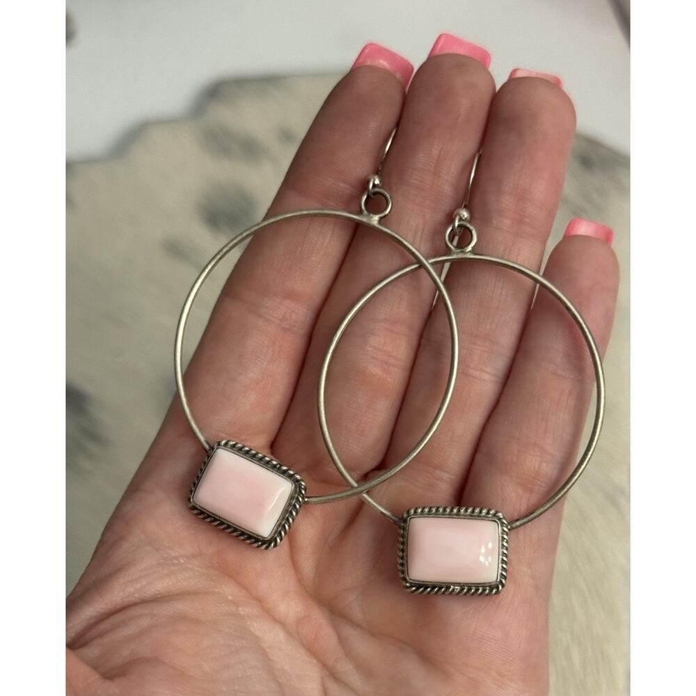 Huge 2.75” Sterling Silver Pink Conch Rectangle Hoop Earrings Native Signed EK